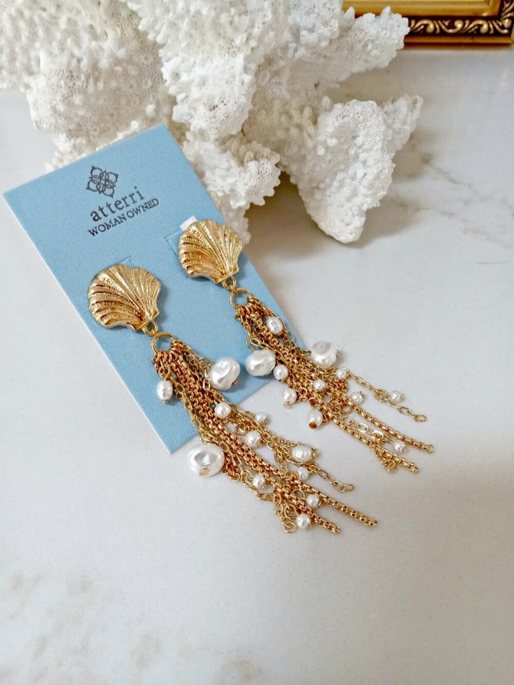 NEW! EXQUISITE FRESHWATER PEARLS & SHELLS DROP EARRINGS